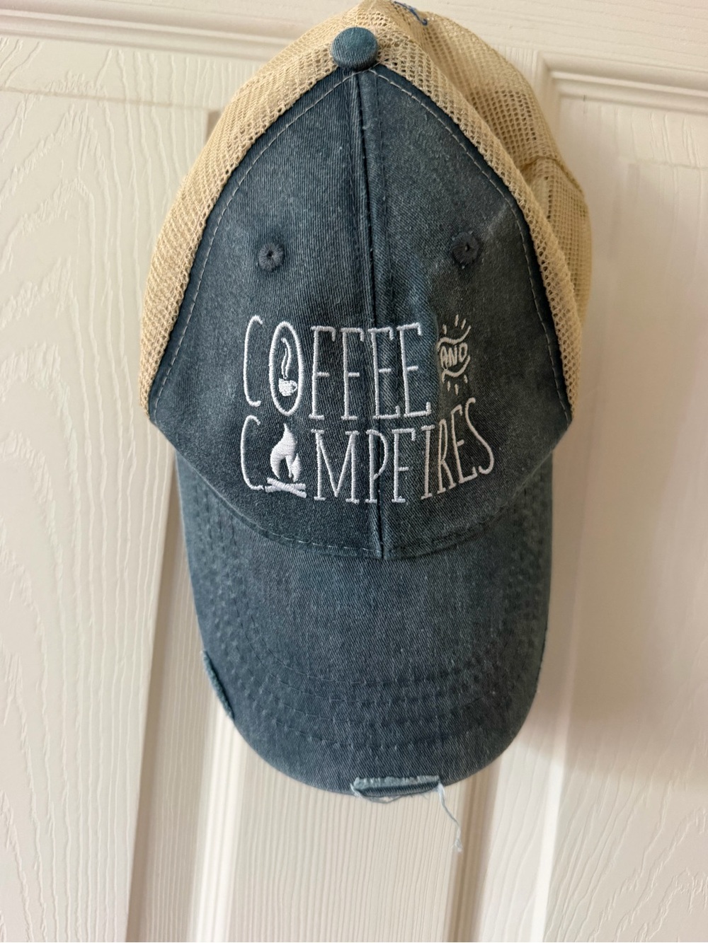 Coffee and Campfires Embroidered Trucker Hat - Blue and Tan
